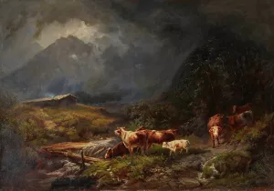 Cows In A Mountainous Landscape Oil painting by Otto Sommer