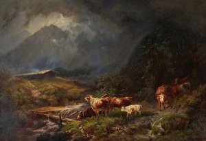 Cows In A Mountainous Landscape by Otto Sommer Oil Painting