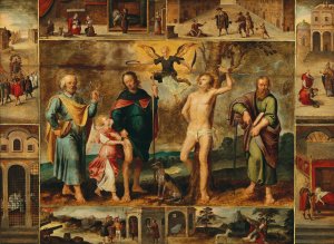 Saints Roch, Sebastian, Peter and Paul, surrounded by eight scenes from the life of Saint Roch by Otto Van Veen Oil Painting