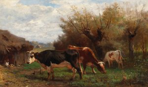 Cows Grazing by Otto Von Thoren Oil Painting