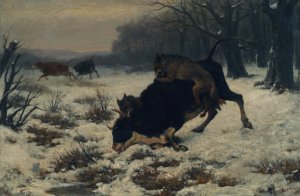 Eine Kuh wird von WOlfen angefallen by Otto Von Thoren Oil Painting