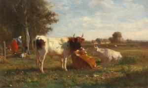 Open Landscape with Cows by Otto Von Thoren Oil Painting