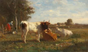 Open Landscape with Cows by Otto Von Thoren Oil Painting