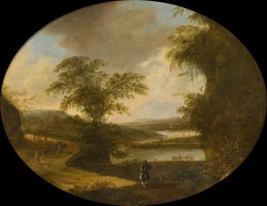 Italian landscape with hunters by Ottomar Hackius Oil Painting