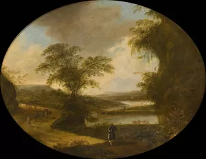 Italian landscape with hunters by Ottomar Hackius Oil Painting