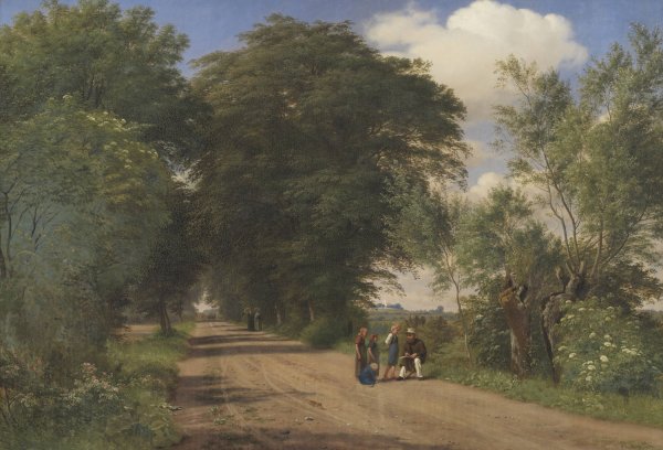 A Country Road near Vognserup Manor, Zealand. The Painter J.Th. Lundbye Sketching by the Roadside  by P. C. Skovgaard - Hand-Painted Oil Painting Reproduction