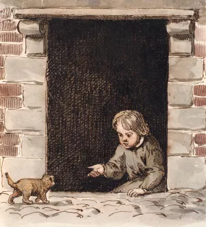 En dreng, der sidder i en kaelderdor, lokker for en hundehvalp by P. C. Skovgaard Oil Painting