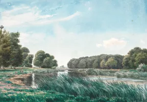 Traerigt landskab med en so og tre born der star og fisker by P. C. Skovgaard Oil Painting
