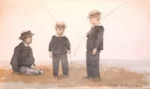 Tre drenge med strahatte by P. C. Skovgaard Oil Painting