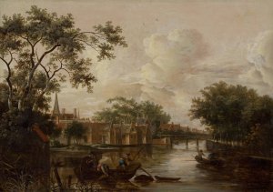 Town with River by P. Van Mase Oil Painting