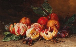 Still Life with Oranges, Plums and Chestnuts by Pal Bohm Oil Painting