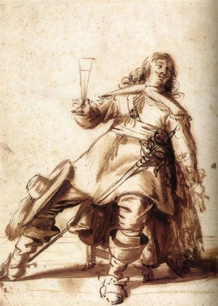 Main Product Photo of Seated Cavalier with a Sword and a Raised Glass Painting by Palamedes Palamedesz