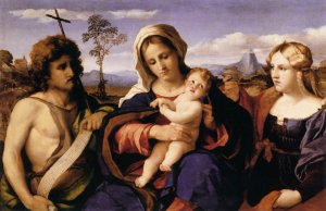 Virgin and Child with St John the Baptist and Mary Magdalene by Palma Vecchio Oil Painting