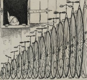 Brownie with row of bicycles by Palmer Cox Oil Painting