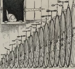 Brownie with row of bicycles by Palmer Cox Oil Painting