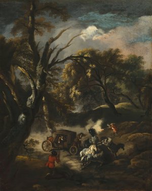 A wooded landscape with bandits ambushing a carriage by Pandolfo Reschi Oil Painting