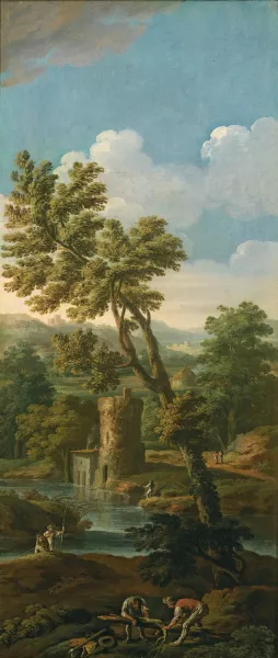 An italianate river landscape with figures in the foreground breaking up a tree, fishermen and mountains beyond by Paolo Anesi Oil Painting