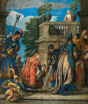 Elegant Figures With Halberdiers Near A Loggia by Paolo Caliari (Follower) Oil Painting