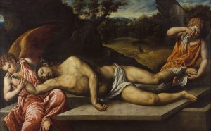 Dead Christ Mourned by Angels by Paris Bordone Oil Painting