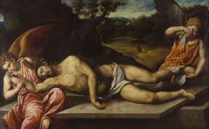 Dead Christ Mourned by Angels by Paris Bordone Oil Painting