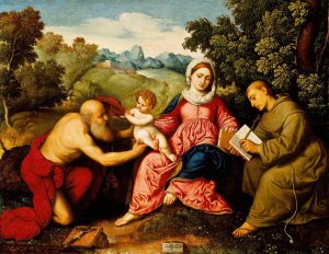 Madonna and Child with Saints Jerome and Francis by Paris Bordone Oil Painting