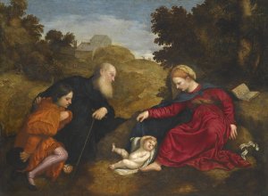 Madonna And Child With St Anthony Abbot And A Young Male Donor by Paris Bordone Oil Painting