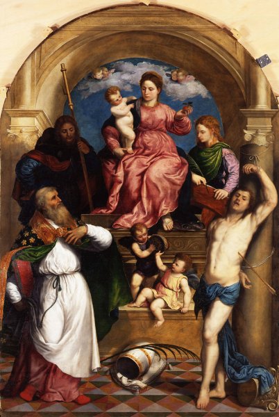 Madonna with Child Enthroned and Saints  by Paris Bordone - Hand-Painted Oil Painting Reproduction