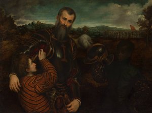 Portrait of a Man in Armor with Two Pages by Paris Bordone Oil Painting
