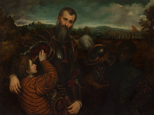 Portrait of a Man in Armor with Two Pages by Paris Bordone - Hand-Painted Oil Painting Reproduction