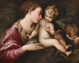 The Madonna And Child With St. John The Baptist Sleeping by Parmigianino (Follower) Oil Painting