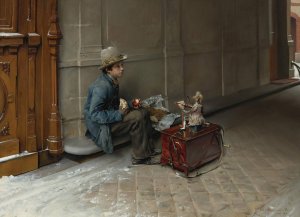 The petit savoyard eating in front of an entrance to a house by Pascal-Adolphe-Jean Dagnan-Bouveret Oil Painting