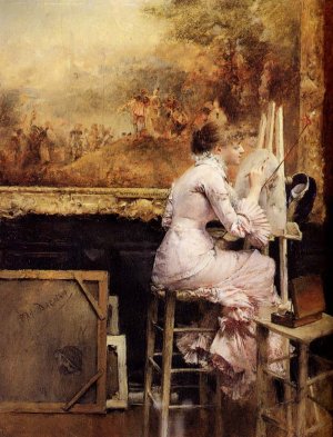 Young Watercolourist In The Louvre by Pascal-Adolphe-Jean Dagnan-Bouveret Oil Painting
