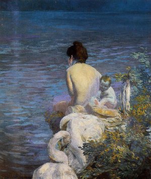 Bather with Child and Swan by the Sea