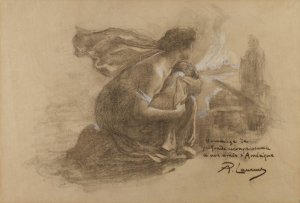 Mother and child and burning village by Paul Albert Laurens Oil Painting