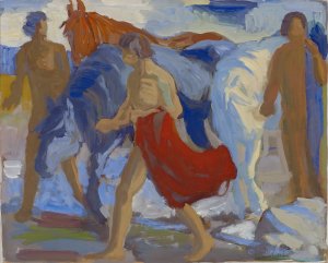 Youngsters with horses by Paul Altherr Oil Painting