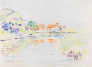 Kanal zwischen Waldchen und Wiesen vor einem Dorf mit roten Dachern by Paul Baum Oil Painting