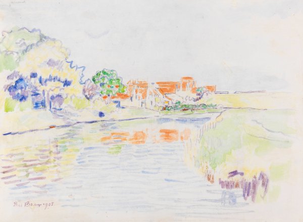 Kanal zwischen Waldchen und Wiesen vor einem Dorf mit roten Dachern  by Paul Baum - Hand-Painted Oil Painting Reproduction