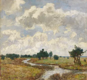 Sonnig-wolkiger Himmel uber moorigen Wiesen mit Bachlauf by Paul Baum Oil Painting