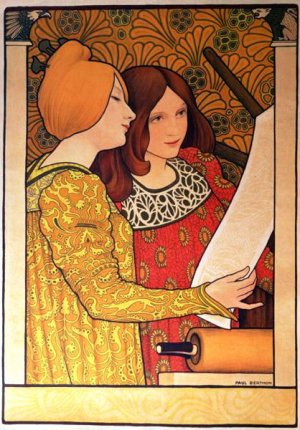 Two Girls with a Printing Press by Paul Berthon Oil Painting