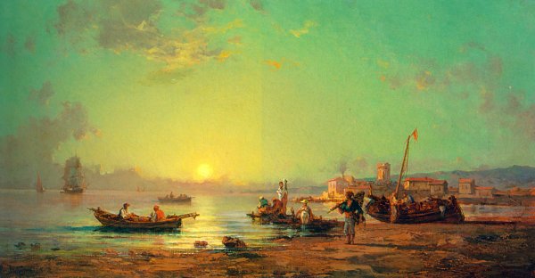 Italian Costal Landscape with Fishermen by Paul Bistagne - Hand-Painted Oil Painting Reproduction