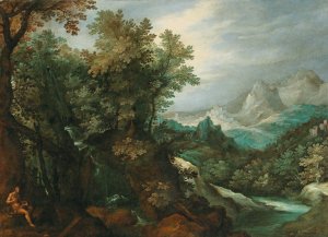 A mountainous river landscape with a hermit by Paul Bril Oil Painting