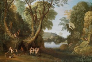 Fauns in a wooded landscape by Paul Bril Oil Painting