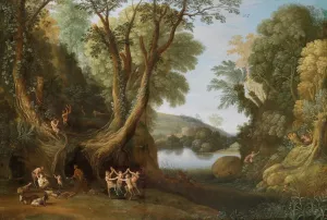 Fauns in a wooded landscape by Paul Bril Oil Painting