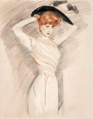 An elegant lady wearing a hat by Paul Cesar Helleu Oil Painting