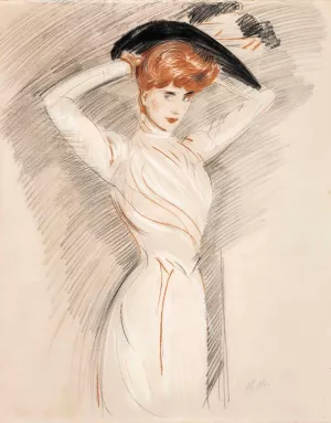 An elegant lady wearing a hat by Paul Cesar Helleu Oil Painting