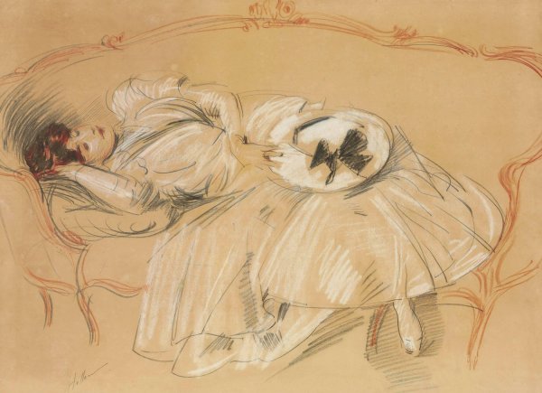 Main Product Photo of Jeune femme au divan Painting by Paul Cesar Helleu