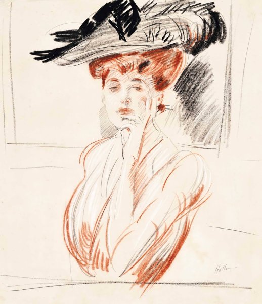 Main Product Photo of La dame au chapeau aux plumes Painting by Paul Cesar Helleu