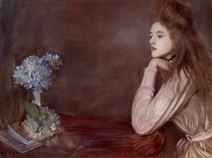 The Lioness with Blue Hydrangeas by Paul Cesar Helleu Oil Painting