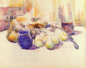 Blue Pot and Bottle of Wine also known as Still Life with Pears and Apples, Covered Blue Jar, and a Bottle of Wine by Paul Cezanne Oil Painting