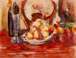 Still Life - Apples, a Bottle and Chairback painting by Paul Cezanne